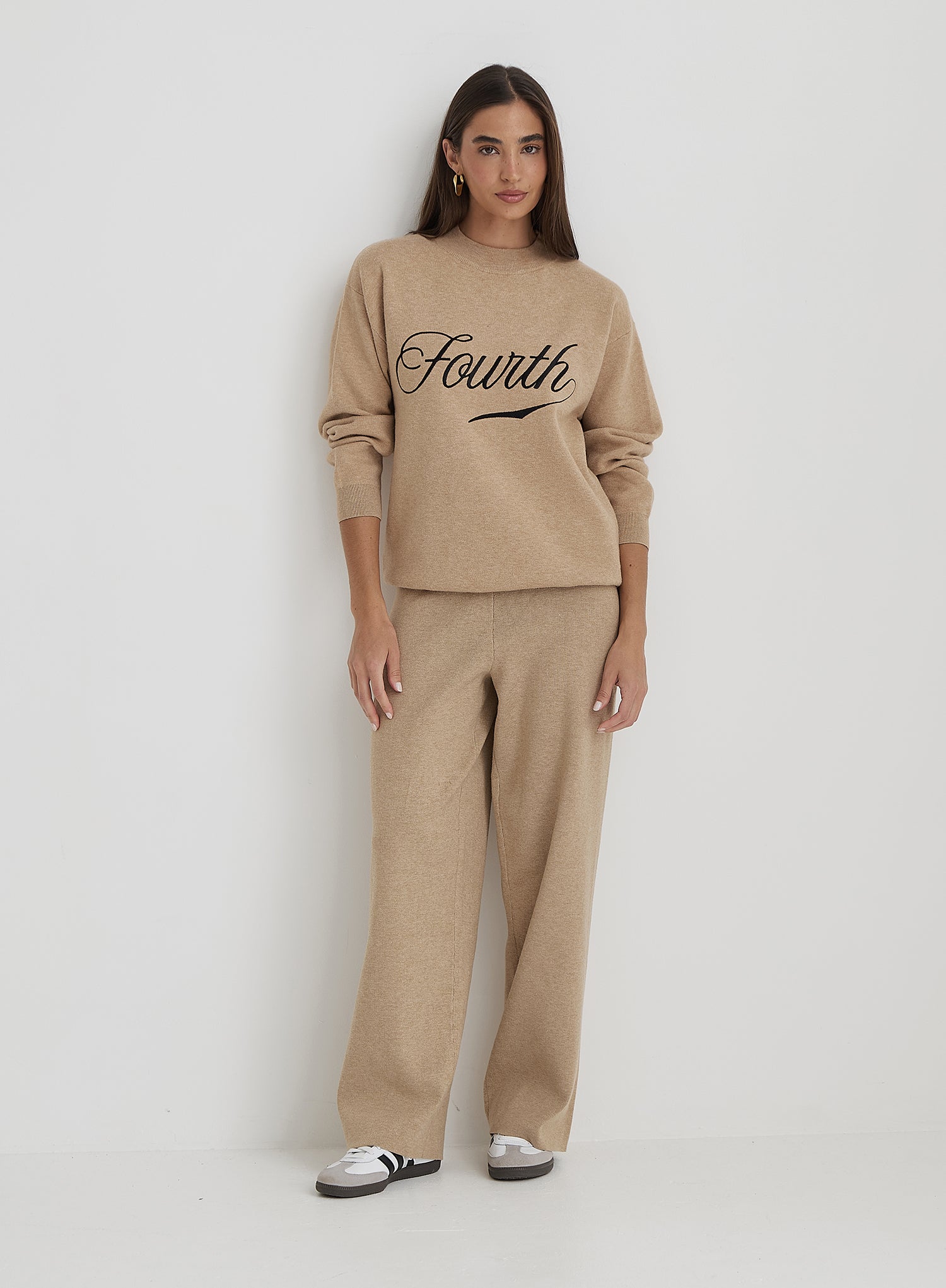 Beige Knitted Wide Leg Trouser